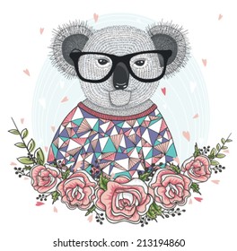 Cute hipster koala with glasses and flower frame.