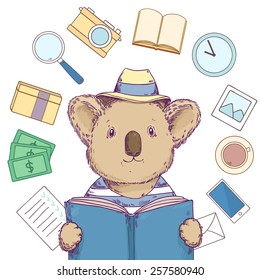 Cute hipster koala in hat reading a book, thinking about traveling, goals, freelancing, dreams and work time. Lifestyle concept. Vector illustration