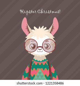 Cute hipster llama in ugly Christmas sweater