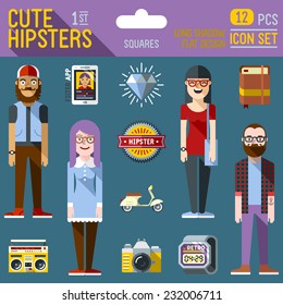 Cute hipster looks vector illustrations 1st icon set. Long shadow flat design. 