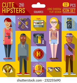 Cute hipster looks vector illustrations squares 2nd icon set. Long shadow flat design. 