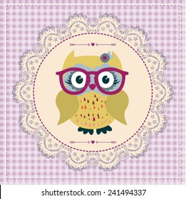Cute hipster owl cartoon vector illustration. hand draw. Wild Life.