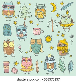 Cute hipster owls set.