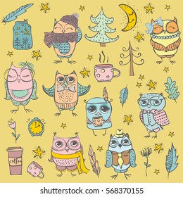 Cute hipster owls set and other individual design elements