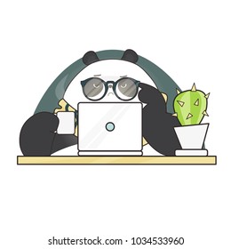 Cute hipster panda character at work. Vector illustration