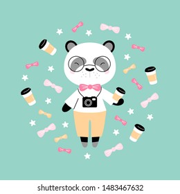 Cute hipster panda with coffee and camera. Great for kids apparel, nursery decoration. Vector Illustration