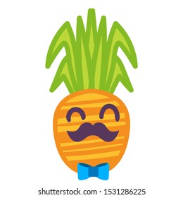 Cute hipster pineapple hand drawn vector illustration. Fruit with mustache and bow tie cool sticker