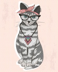 Cute Hipster Rockabilly Cat With Head Scarf Glasses And Necklace