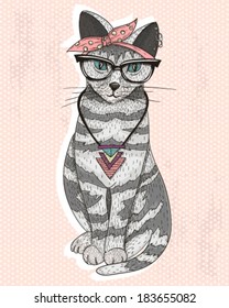 cute hipster rockabilly cat with head scarf glasses and necklace