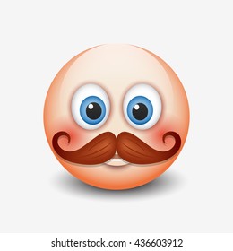 Cute hipster smiling emoticon, with ginger mustache emoji, smiley - vector illustration