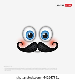 Cute hipster smiling face with mustache emoticon, emoji, isolated on white background - vector illustration