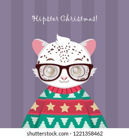 Cute hipster snow leopard in ugly Christmas sweater