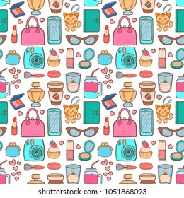 Cute hipster stickers scrapbook seamless pattern background drawing vector illustration fashion patch pop design hand drawn badges.