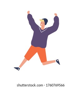 Cute hipster teenager running having fun vector flat illustration. Joyful guy in casual clothes jumping raising hands isolated on white background. Happy male in hat smiling in hurry or haste