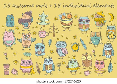  Cute hipster and tribal owls set and other vector individual design elements