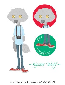 Cute hipster wolf with camera vector
