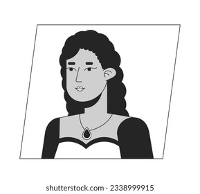 Cute hispanic woman with necklace on neck black white cartoon avatar icon. Editable 2D character user portrait, linear flat illustration. Vector face profile. Outline person head and shoulders