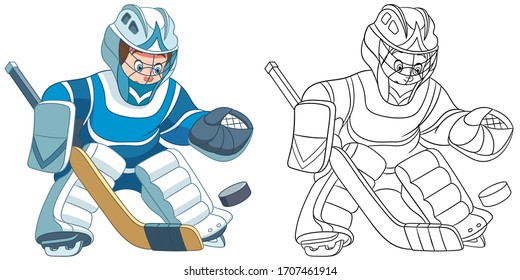 Cute hockey goalkeeper  Coloring page   colorful clipart character  Cartoon design for t shirt print  icon  logo  label  patch sticker  Vector illustration 