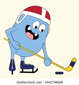 Cute hockey monster print for T-shirts, textiles, paper, web. Original design with sport monster. grunge design for boys and girls. monsters athletes involved in sports. blue doodle hockey player