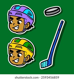 Cute Hockey Player Cartoon Sticker Illustration