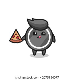 cute hockey puck cartoon eating pizza , cute style design for t shirt, sticker, logo element
