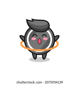 cute hockey puck cartoon is playing hula hoop , cute style design for t shirt, sticker, logo element