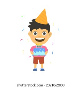 Cute holding birthday cake vector illustration isolated on white background