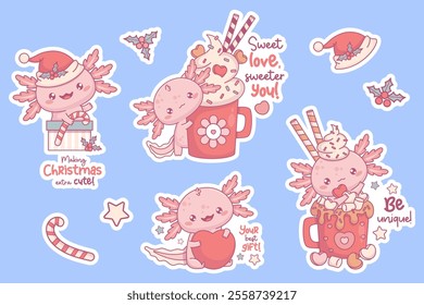 Cute holiday Axolotl stickers. Christmas funny character in Santa hat in gift box, festive with cup Hot Cocoa with Marshmallows. Animal valentine with heart with slogan. Isolated Vector illustration