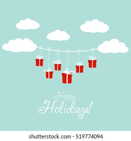 Cute holiday background with blue sky, clouds and presents. Stylish Christmas and New Year vector illustration
