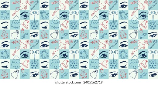 Cute holiday background pattern in blue and red colors. Eyes, deer, sweets and Christmas tree. Modern style shapes, minimalist design for poster, post