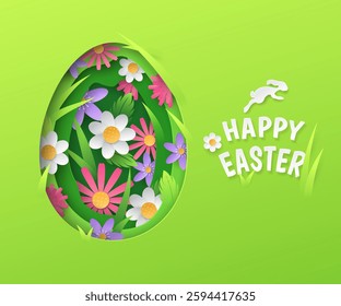 Cute holiday banner with paper cut-out layers of egg shape filled with colourful, realistic 3D flowers. Festive vector greeting card with a bunny and a "Happy Easter" greeting on a green background.