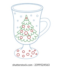 Cute holiday blue mug with a decorated Christmas tree. Cup of tea, hot drinks, tea, cocoa. Christmas coffee mug in flat style. Line art.