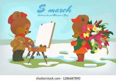 Cute holiday card with bears. Teddy bear congratulates beautiful women with the International Women's Day.Vector illustration