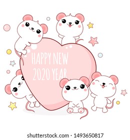 Cute holiday card in kawaii style. Five little lovely rats with heart, inscription Happy New 2020 year. EPS8