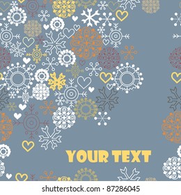 cute holiday card with snowflakes and hearts
