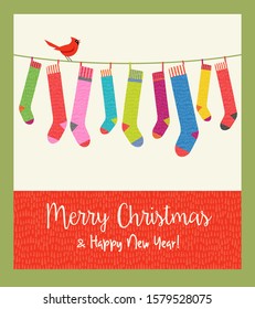 Cute holiday card with string of colorful patterned Christmas stockings. Merry Christmas and Happy New Year. Vector illustration.