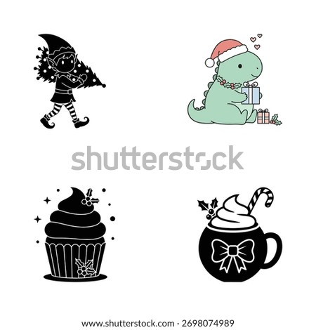 Cute Holiday Characters Including Santa Elf Dino Cupcake and Cocoa Mug in Festive Style Ideal for Winter Clipart and Decorative Designs