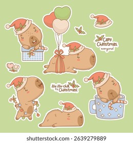 Cute holiday Christmas Capybara stickers. Funny character in Santa hat in gift box, sleeping, in cup, with garland and balloons with slogan. Isolated Vector illustration. Kids holiday collection