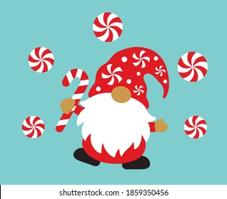 Cute Holiday Christmas Gnome Holding A Peppermint Candy Cane Vector Illustration.