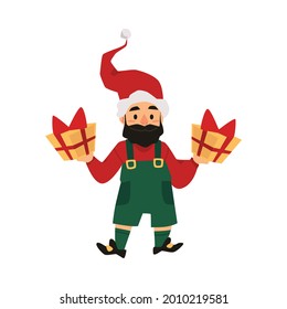 Cute holiday Christmas smiling gnome in green shorts and red hat and two gifts in his hands. Vector illustration of elf character in flat style isolated on white background. Illustration for Christmas