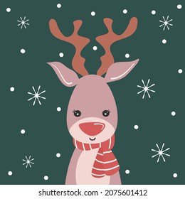 cute holiday christmas vector card illustration with cartoon character reindeer and snowflakes