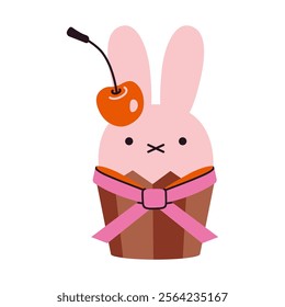 Cute holiday cupcake shaped like a rabbit. Colorful delicious desserts with bow and cherry, festive decor. Trendy modern vector illustration isolated on white background, hand drawn, flat design