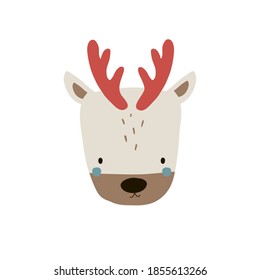 Cute holiday deer face with party red horns. Childish print for t-shirt, apparel, cards, poster, nursery decoration. Vector Illustration