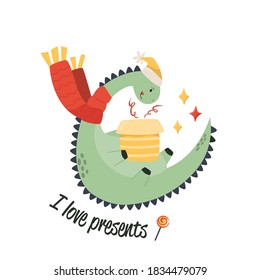 Cute holiday dinosaur in scarf and hat. Text I LOVE PRESENTS. Christmas print, greeting card with funny dino character. Vector illustration