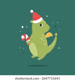 Cute Holiday Dragon Flying in Santa Hat on Green Background. Festive composition, season design