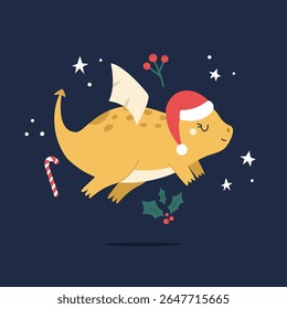 Cute Holiday Dragon Flying in Santa Hat and Scarf. Festive composition, season design