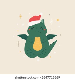 Cute Holiday Dragon Flying in Santa Hat on Beige Background. Festive composition, season design