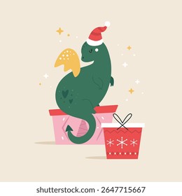 Cute Holiday Dragon in Santa Hat Sitting on a Pile of Gifts. Holiday Greeting Card, Illustration.