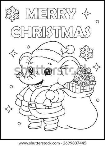 Cute Holiday Elephant Coloring Sheet for Kids and Adult. Baby Elephant Carrying Gifts for Kids. Christmas Activity Printable for Children.
