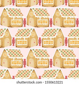 Cute Holiday Gingerbread House vector Seamless Pattern